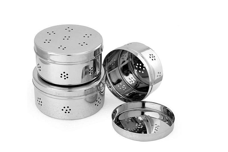 Dharam Paul Traders® Stainless Steel Dhaniya dibba, Coriander Storage Box,Hole Puri Dabbas/Sprout Maker/Flat Canisters with Air Ventilation Heavy Weight, Set of 3. - Image 1