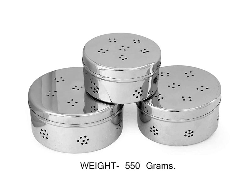 Dharam Paul Traders® Stainless Steel Dhaniya dibba, Coriander Storage Box,Hole Puri Dabbas/Sprout Maker/Flat Canisters with Air Ventilation Heavy Weight, Set of 3. - Image 4