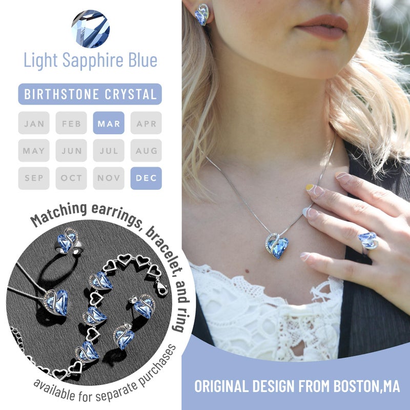 Leafael Necklaces for Women, Infinity Love Birthstone Heart Pendant with Light Sapphire Blue Crystal for March December, Birthday Jewelry Gifts for Her, Mom, and Wife, Silver Plated, 18 + 2 inch Chain - Image 4