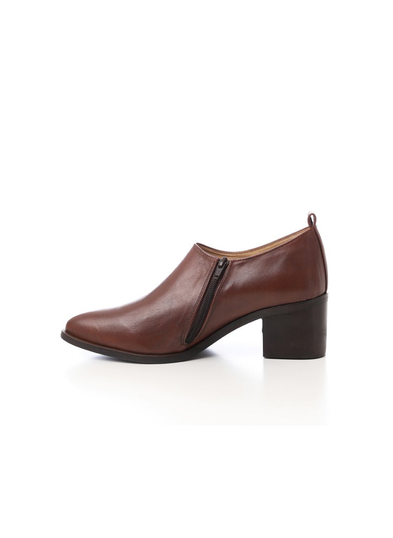 Mr.joe Oval  Leather Mid Heels Pumps For Women Brown 3997  - Image 2