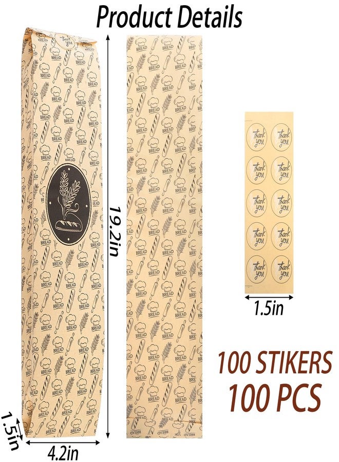 ZENFUN 100 Pack Baguette Paper Bags, Kraft Long Bread Bag with 100 Seal stickers, French Breads Loaf Packing Bags, 19"x4"x1.5" Long Bread Bakery Storage Bag for Coffee shop, Restaurant - Image 2