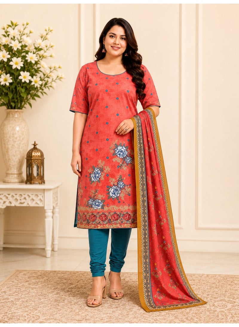 JOLLITY LLC Women's Coral Floral Printed Churidar Suit Set with Dupatta – Large Size (L) | Traditional Ethnic Salwar Kameez | 3 Piece Set - Image 1
