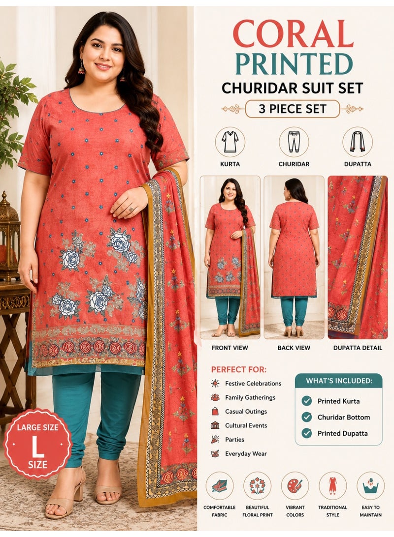 JOLLITY LLC Women's Coral Floral Printed Churidar Suit Set with Dupatta – Large Size (L) | Traditional Ethnic Salwar Kameez | 3 Piece Set - Image 2