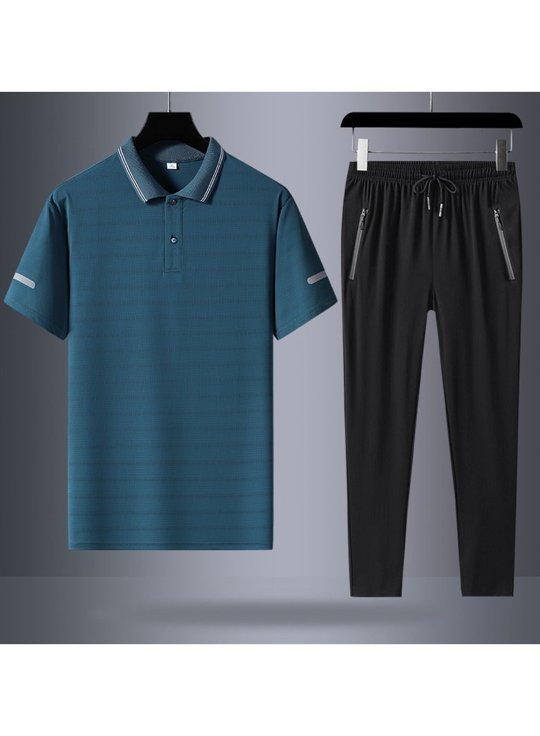 KUYING Ice Silk Short Sleeved POLOT T-shirt and Pants Quick Drying Two-piece set 
