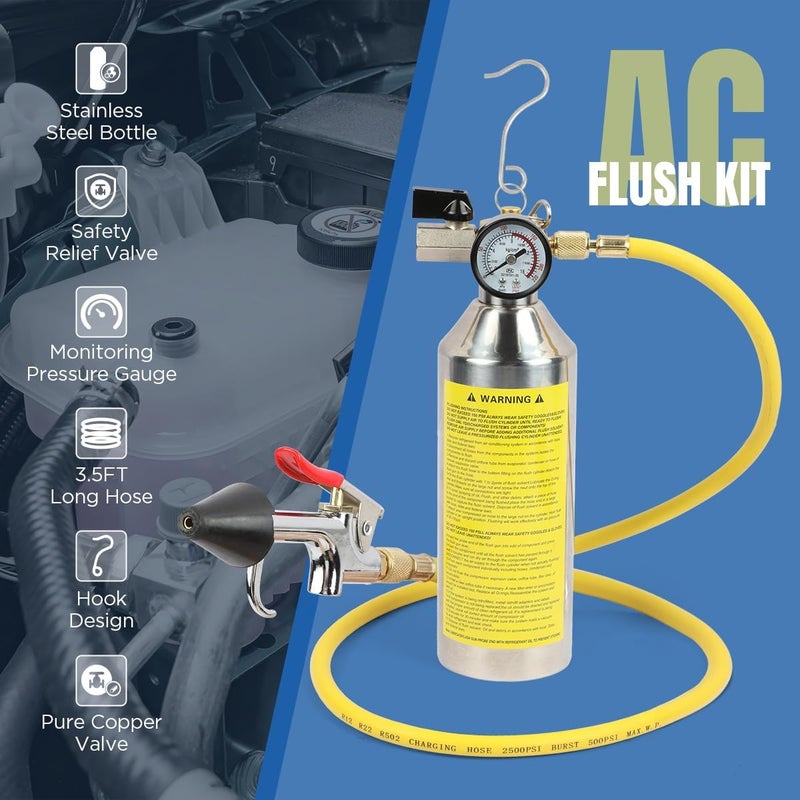 YUANRI AC Flush Kit Home AC Flush Tool Automotive AC Flush Kit House AC Flushing Kit 1L Stainless Steel Bottle R134A R12 R22 R404 R410A Air Conditioner System Flush Canister Kit Clean Tool Set - Image 5