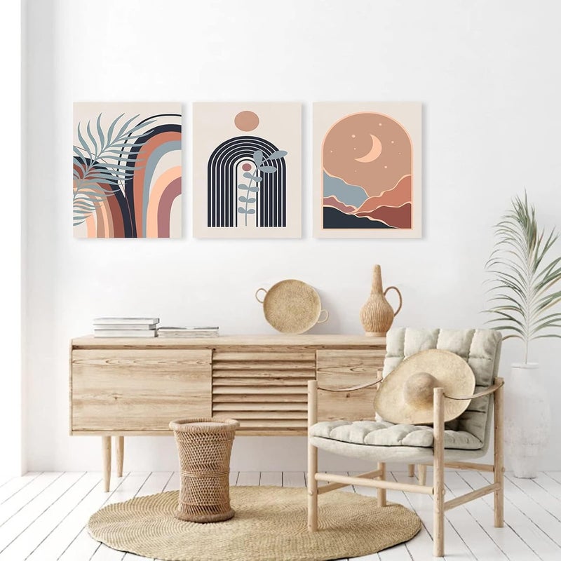 KBKBART Multi-market varied design options Boho Wall Art Set of 3, Mid-Century Modern Wall Art, Framed Canvas Wall Art Sun Moon Plant Leaf Mountain Rainbow Beige Geometric Abstract Artwork Prints Modern Boho Wall Decor Ready To Hang for Living Various color options - Image 4