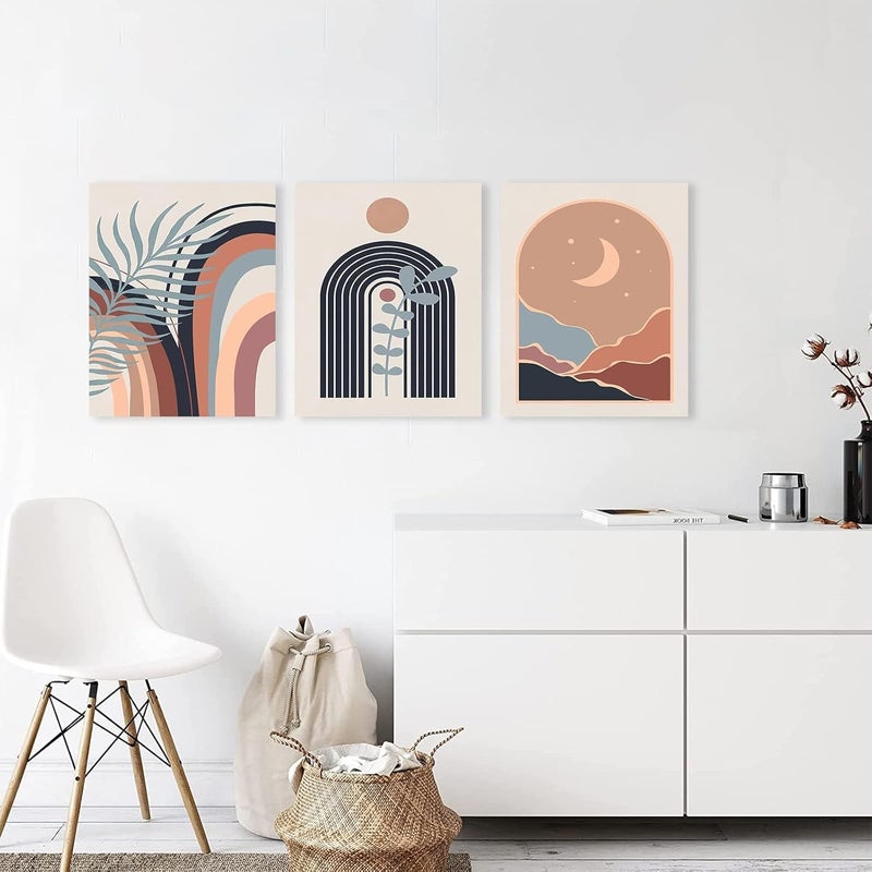 KBKBART Multi-market varied design options Boho Wall Art Set of 3, Mid-Century Modern Wall Art, Framed Canvas Wall Art Sun Moon Plant Leaf Mountain Rainbow Beige Geometric Abstract Artwork Prints Modern Boho Wall Decor Ready To Hang for Living Various color options - Image 5