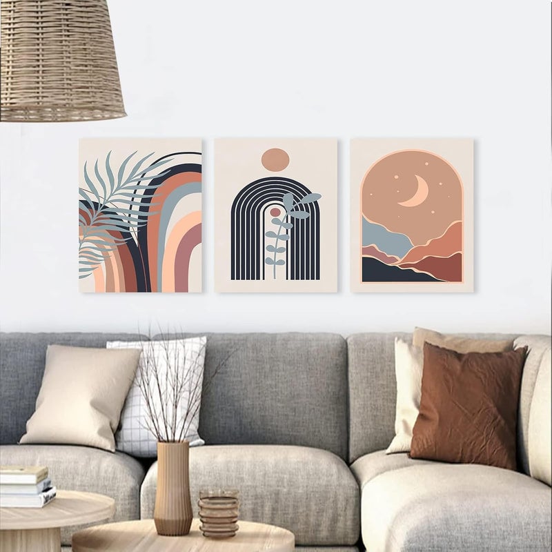 KBKBART Multi-market varied design options Boho Wall Art Set of 3, Mid-Century Modern Wall Art, Framed Canvas Wall Art Sun Moon Plant Leaf Mountain Rainbow Beige Geometric Abstract Artwork Prints Modern Boho Wall Decor Ready To Hang for Living Various color options - Image 3