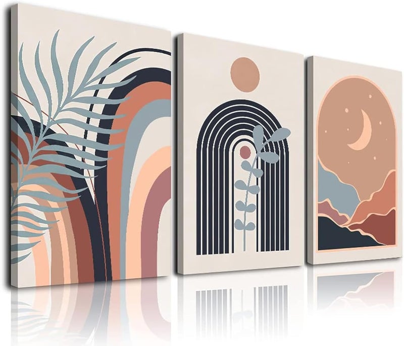 KBKBART Multi-market varied design options Boho Wall Art Set of 3, Mid-Century Modern Wall Art, Framed Canvas Wall Art Sun Moon Plant Leaf Mountain Rainbow Beige Geometric Abstract Artwork Prints Modern Boho Wall Decor Ready To Hang for Living Various color options - Image 2