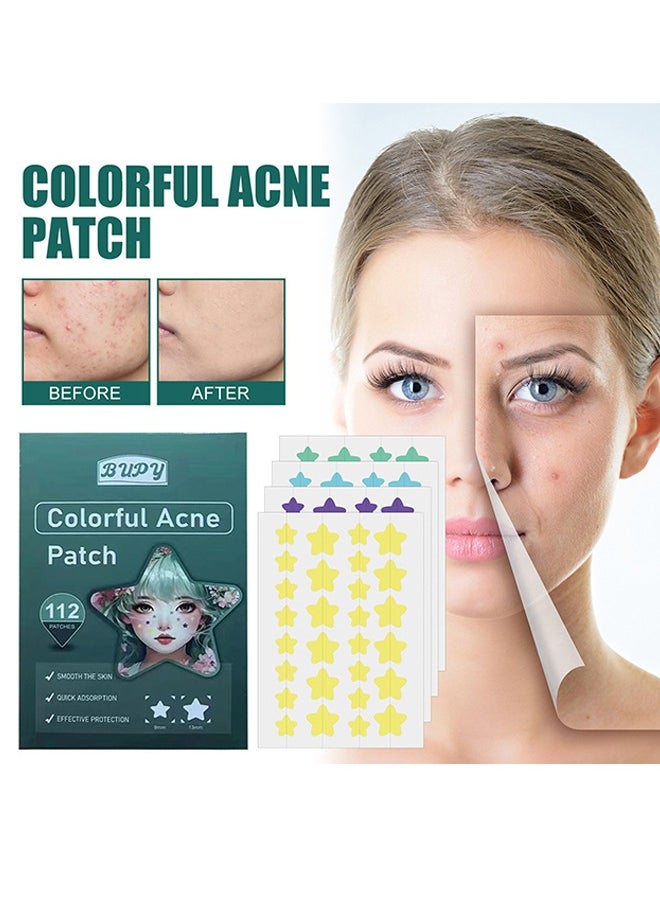 BUPY Colorful Acne Patch ,Star Shaped Hydrocolloid Acne Patches  Spot Dots Stickers for Blemishes Pimples and Whiteheads-1 Pack 112 Patches  - Image 1