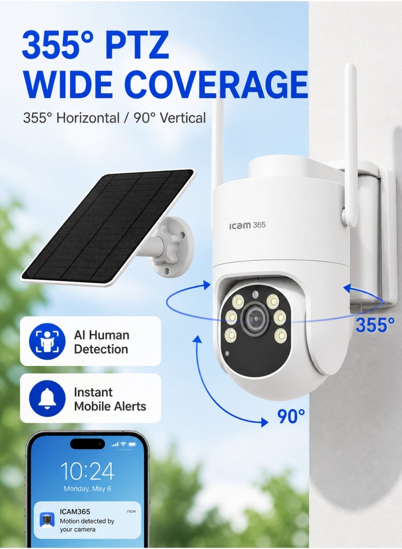 ICAM 365 Solar 4G Security Camera 5MP FHD with SIM Trial Pack, PTZ Outdoor Solar Camera, AI Human Detection, 30m Night Vision, Two-Way Audio for Farm Villa Warehouse Construction Site - Image 1