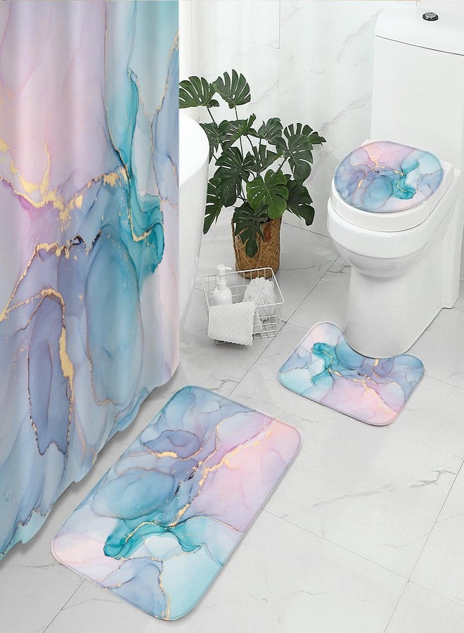 Gibelle 4 Pcs Bathroom Shower Curtain Set with Non-Slip Rugs, Toilet Lid Cover and Bath Mat, Blue Pink Marble Bathroom Decor Set with Shower Curtain and Rugs and Accessories - Image 2