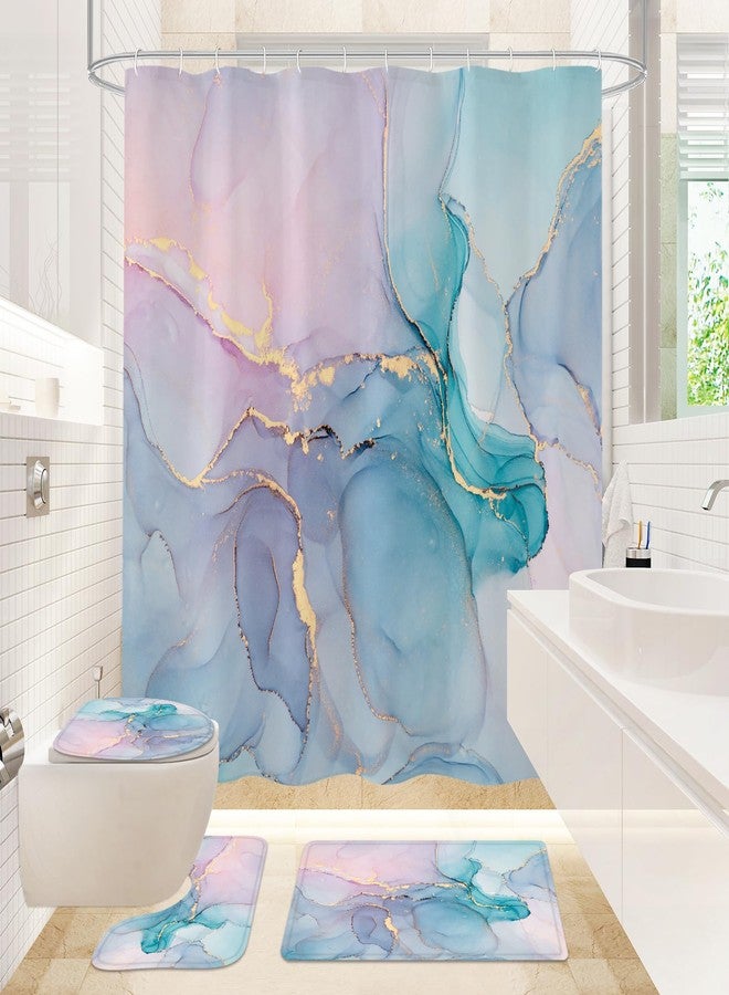 Gibelle 4 Pcs Bathroom Shower Curtain Set with Non-Slip Rugs, Toilet Lid Cover and Bath Mat, Blue Pink Marble Bathroom Decor Set with Shower Curtain and Rugs and Accessories - Image 1
