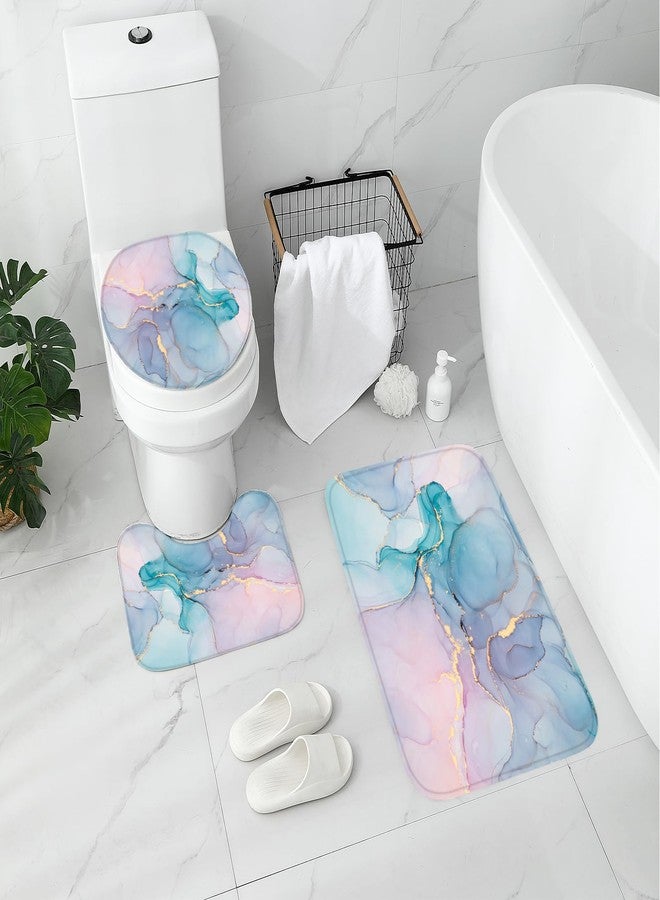 Gibelle 4 Pcs Bathroom Shower Curtain Set with Non-Slip Rugs, Toilet Lid Cover and Bath Mat, Blue Pink Marble Bathroom Decor Set with Shower Curtain and Rugs and Accessories - Image 3