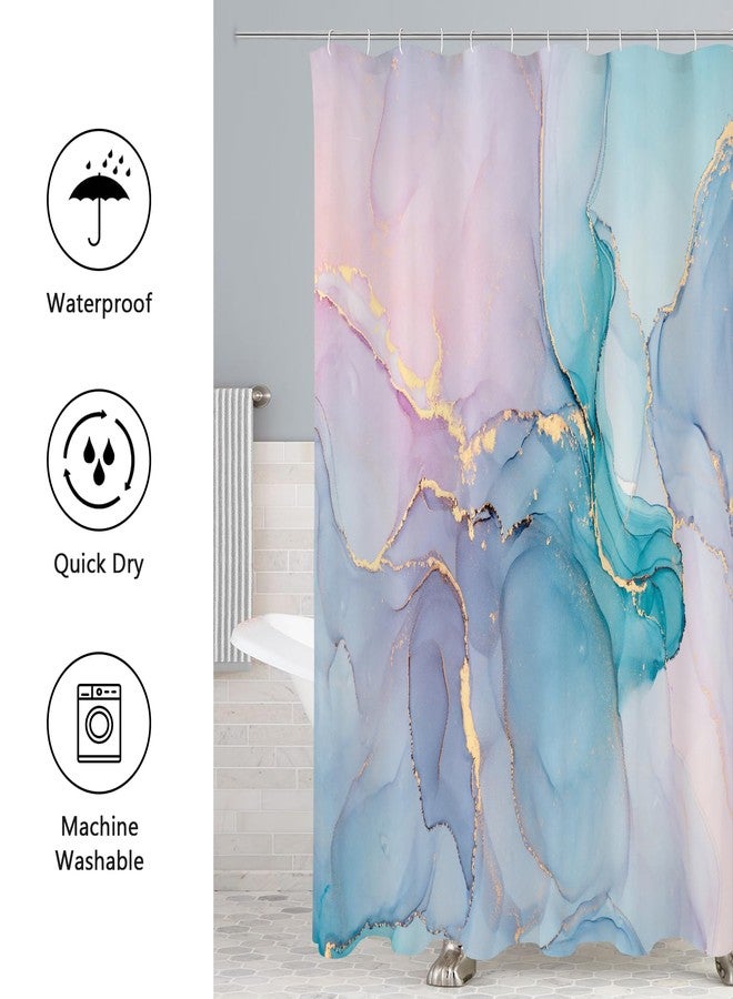Gibelle 4 Pcs Bathroom Shower Curtain Set with Non-Slip Rugs, Toilet Lid Cover and Bath Mat, Blue Pink Marble Bathroom Decor Set with Shower Curtain and Rugs and Accessories - Image 5