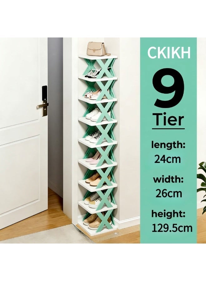 CKIKH This 9-tier vertical foldable shoe rack saves space and keeps things tidy. It's suitable for various settings including entryways, wardrobes, and bedrooms. Lightweight, sturdy, and won't wobble, it supports free stacking and combination. - Image 1