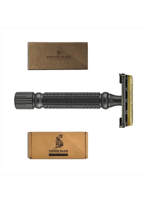 Double Edge Safety Razor by VIKINGS BLADE, Fat & Short Handle with Luxury Case. Twist to Open, Heavy Duty, Reduces Razor Burn, Smooth, Close, Clean Shave (Model: The Chieftain “5 BC”)