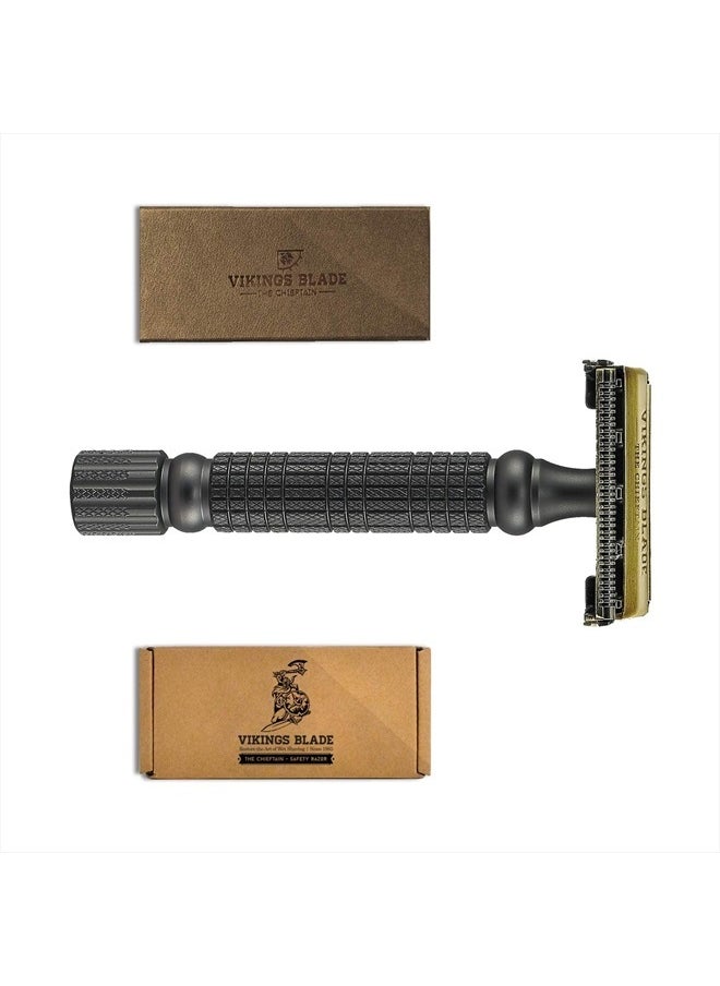 Double Edge Safety Razor by VIKINGS BLADE, Fat & Short Handle with Luxury Case. Twist to Open, Heavy Duty, Reduces Razor Burn, Smooth, Close, Clean Shave (Model: The Chieftain “5 BC”)