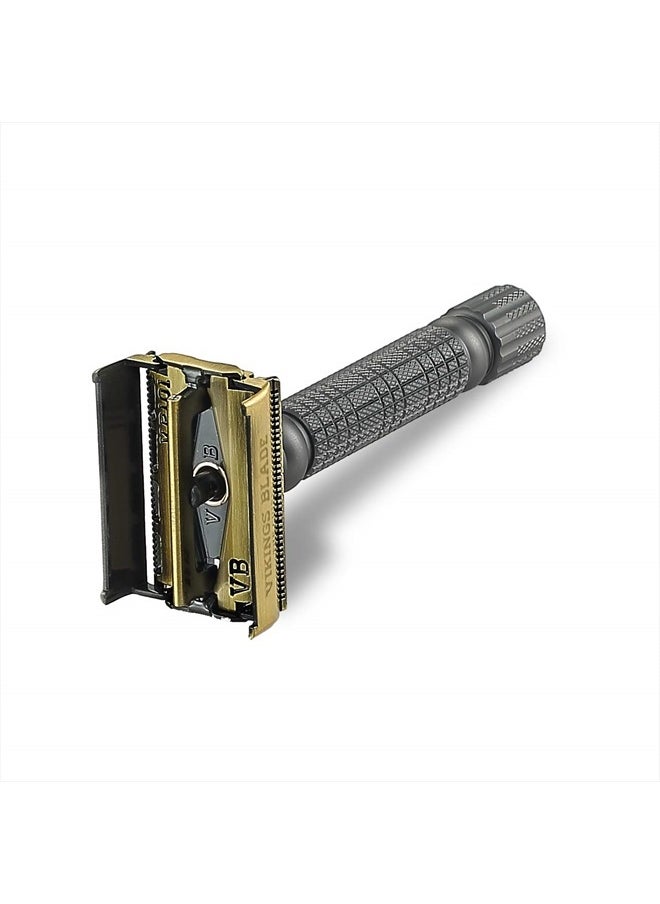 Double Edge Safety Razor by VIKINGS BLADE, Fat & Short Handle with Luxury Case. Twist to Open, Heavy Duty, Reduces Razor Burn, Smooth, Close, Clean Shave (Model: The Chieftain “5 BC”)