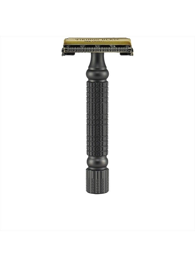 Double Edge Safety Razor by VIKINGS BLADE, Fat & Short Handle with Luxury Case. Twist to Open, Heavy Duty, Reduces Razor Burn, Smooth, Close, Clean Shave (Model: The Chieftain “5 BC”)