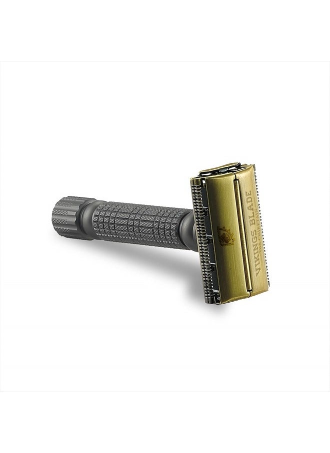 Double Edge Safety Razor by VIKINGS BLADE, Fat & Short Handle with Luxury Case. Twist to Open, Heavy Duty, Reduces Razor Burn, Smooth, Close, Clean Shave (Model: The Chieftain “5 BC”)