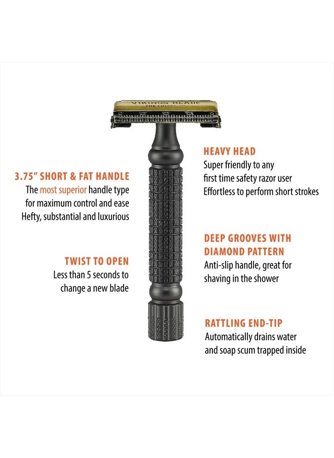 Double Edge Safety Razor by VIKINGS BLADE, Fat & Short Handle with Luxury Case. Twist to Open, Heavy Duty, Reduces Razor Burn, Smooth, Close, Clean Shave (Model: The Chieftain “5 BC”)