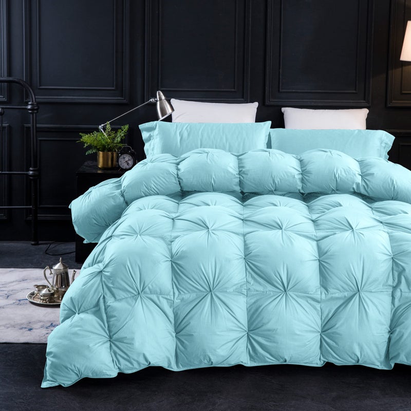 Three Geese Pinch Pleat Waterfowl Feathers and Down Comforter King Size Duvet Insert750 Fill Power1200TC 100 Cotton Premium All Seasons AquaSky Warm Hotel Comforter with 8 Tabs