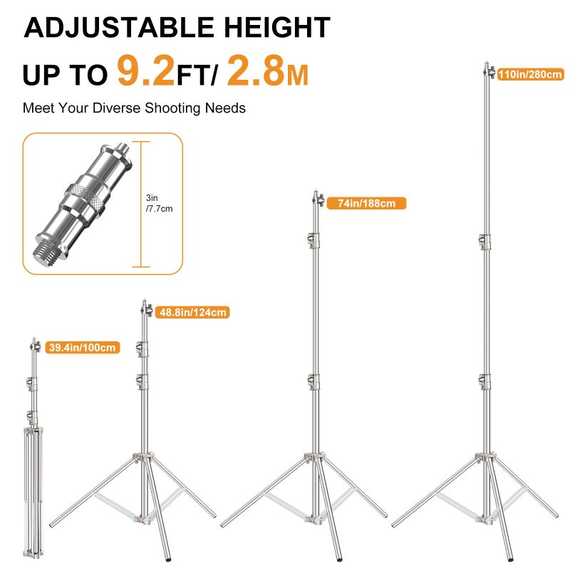 Anautin 9.2 FT Stainless Steel Photography Stand, Heavy Duty Tripod With 1/4" to 3/8" Screw Adapter for Strobe, LED Video Light, Ring Light, Monolight, Softbox - Image 3