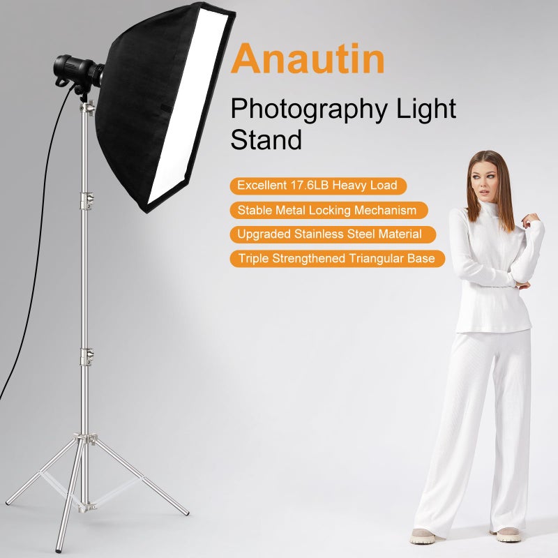 Anautin 9.2 FT Stainless Steel Photography Stand, Heavy Duty Tripod With 1/4" to 3/8" Screw Adapter for Strobe, LED Video Light, Ring Light, Monolight, Softbox - Image 2