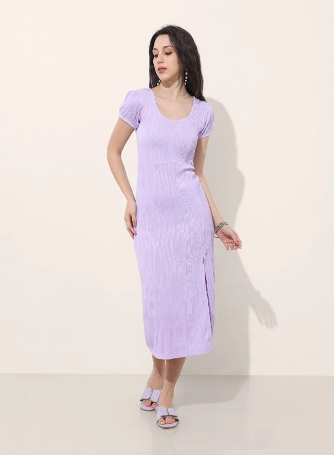 Freehand  Women Fit and Flared Textured Round Neck Short Sleeve Midi Dress for Women | Best Price UAE
