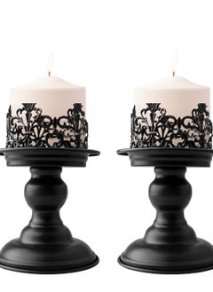 Excefore 2 PCS Vintage Pillar Candle Holders, Candle Holder, Matte Black Metal Candle Stands Decorative, Decorative Antique Candle Stand for Dining & Living Room Decoration (Retro)  - Image 1