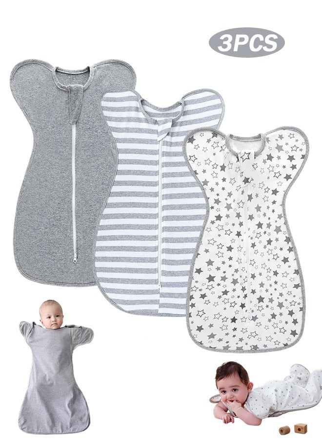 سويت لايف كيس نوم للأطفال حديثي الولادة من 3 قطع، قماطات قابلة للإزالة، تصميم نجوم رمادية، من القطن، قابلة للتهوية، مناسب للأطفال من عمر 3 إلى 6 أشهر. قماطات انتقالية بأذرع مرفوعة مع أطراف قابلة للإزالة وسحاب ثنائي الاتجاه. - Image 1