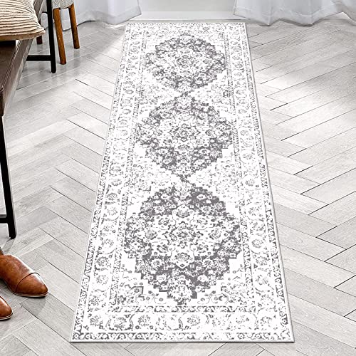 PAUWER Pauwer Hallway Runner 2x6 Farmhouse Boho Vintage Distressed Area Rug Washable Kitchen Shag Fluffy Non Slip Carpet for Bathroom Laundry Room Entryway Grey