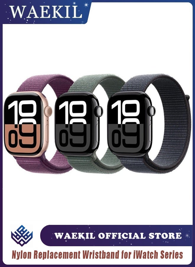 WAEKIL 3PCS Nylon Replacement Straps for Apple Watch – Adjustable Breathable Sport Bands Compatible with iWatch Series 10/Ultra/SE/9/8/7/6/5/4/3/2/1 (38mm/40mm/41mm/42mm/44mm/45mm/46mm/49mm) – Plum Tree Red, Sage, Ink - Image 1