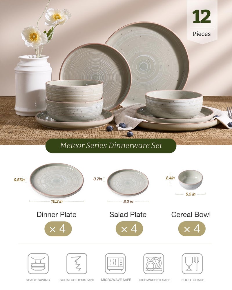 Famiware Meteor Plates and Bowls Sets for 4, 12 Pieces Dinnerware Sets, Microwave and Dishwasher Safe Dishes Set, Matcha Green - Image 2