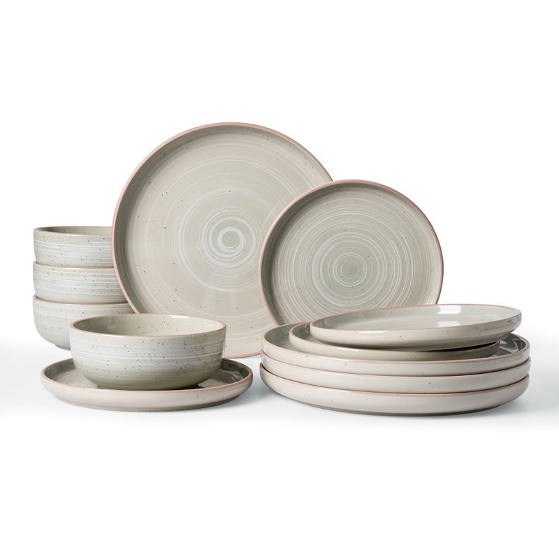 Famiware Meteor Plates and Bowls Sets for 4, 12 Pieces Dinnerware Sets, Microwave and Dishwasher Safe Dishes Set, Matcha Green - Image 1