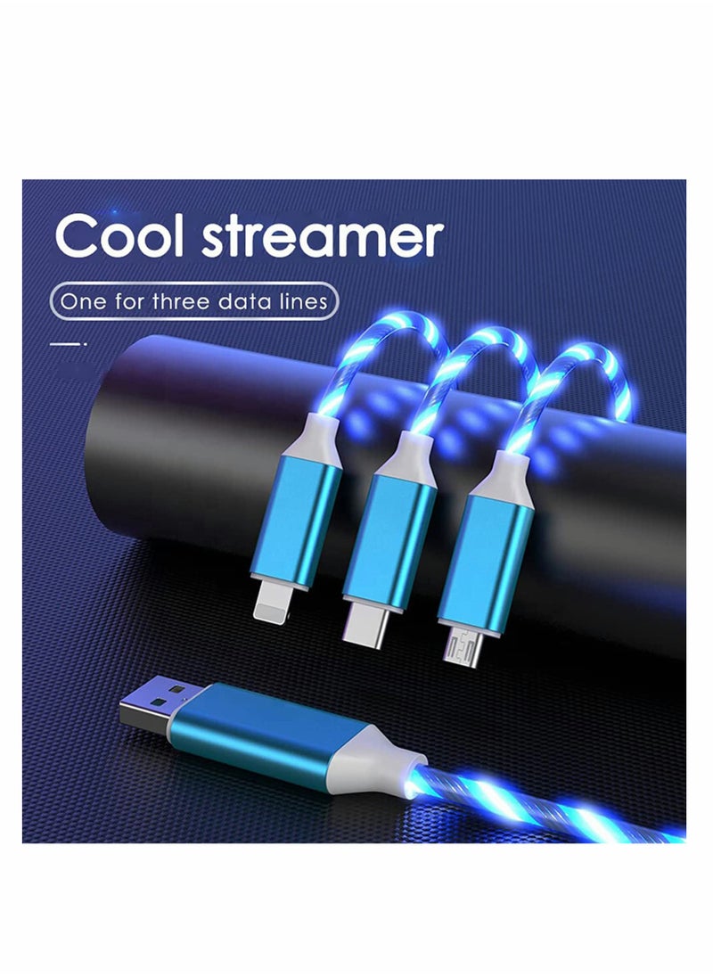 3 in 1 Multi USB Charging Cable with Blue LED Light, Glow in the Dark Design, Compatible with iOS and Android Devices, USB Type C, 1.2m Length