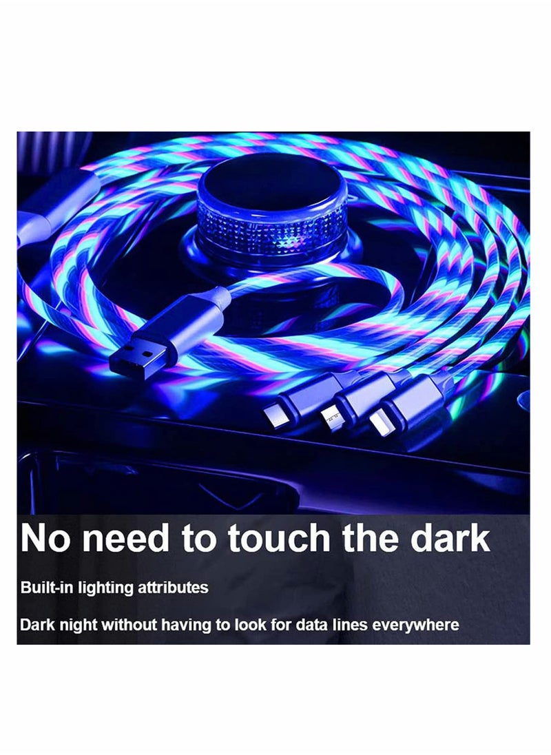 3 in 1 Multi USB Charging Cable with Blue LED Light, Glow in the Dark Design, Compatible with iOS and Android Devices, USB Type C, 1.2m Length