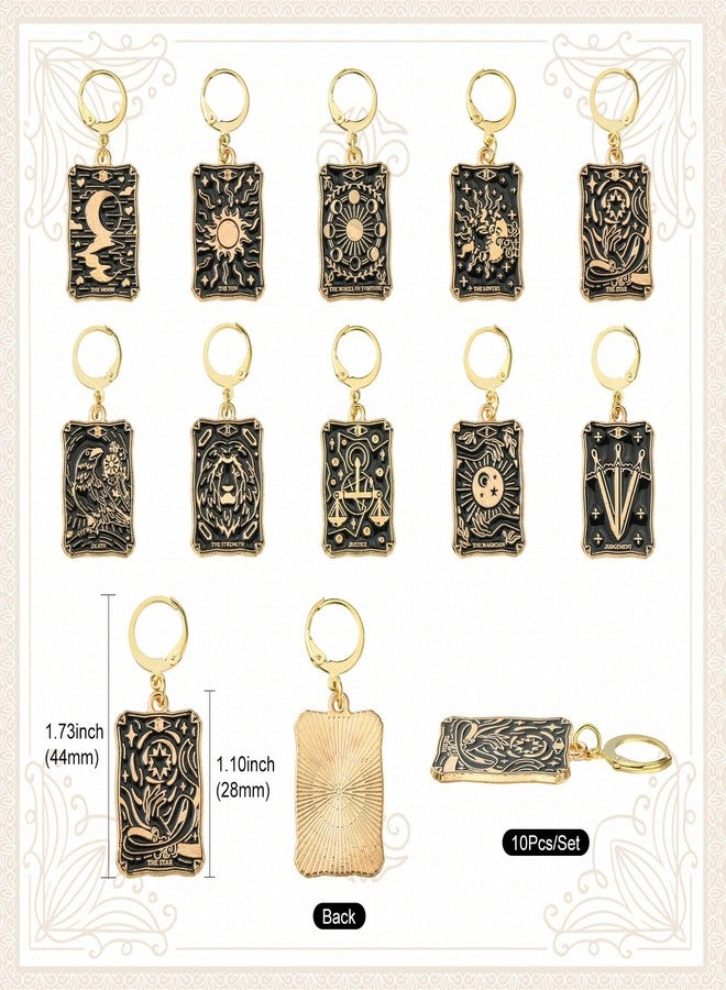 Ipotkitt 10 Pcs 10 Styles Alloy Enamel Tarot Crad Charms Stitch Markers Black Rectangle Locking Stitch Marker Charms with Leverback Hoop for Knitting Weaving Accessories - Image 2