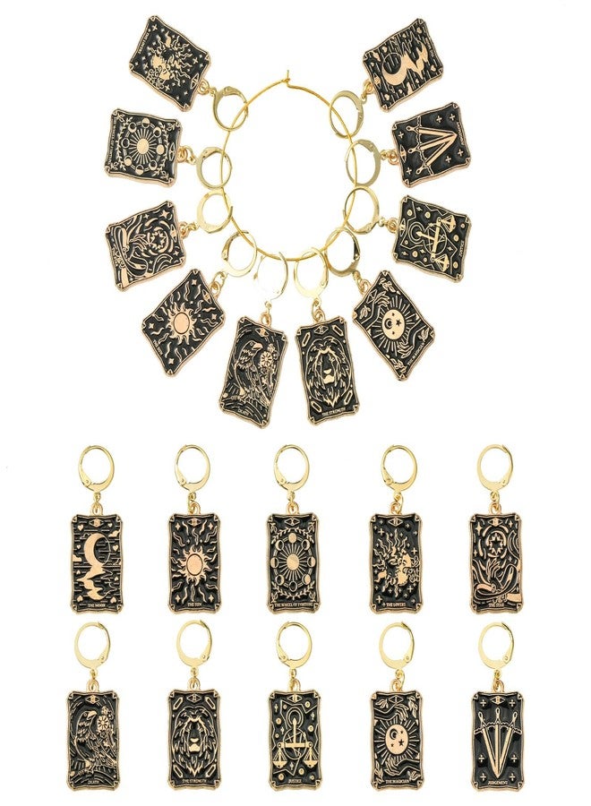 Ipotkitt 10 Pcs 10 Styles Alloy Enamel Tarot Crad Charms Stitch Markers Black Rectangle Locking Stitch Marker Charms with Leverback Hoop for Knitting Weaving Accessories - Image 1