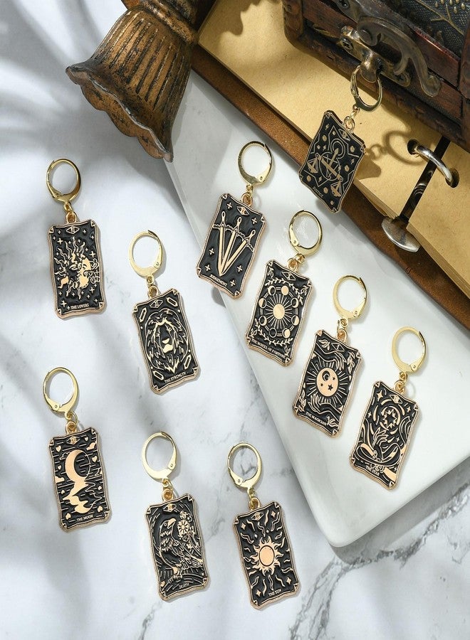 Ipotkitt 10 Pcs 10 Styles Alloy Enamel Tarot Crad Charms Stitch Markers Black Rectangle Locking Stitch Marker Charms with Leverback Hoop for Knitting Weaving Accessories - Image 5