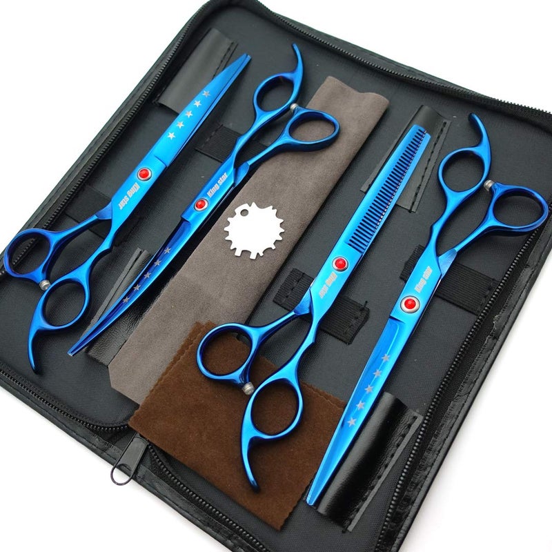 Kingstar 7.0in Titanium Blue Professional Pet Grooming Scissors Set,Straight & Thinning & Curved Scissors 4pcs Set for Dog Grooming,(Blue) - Image 2