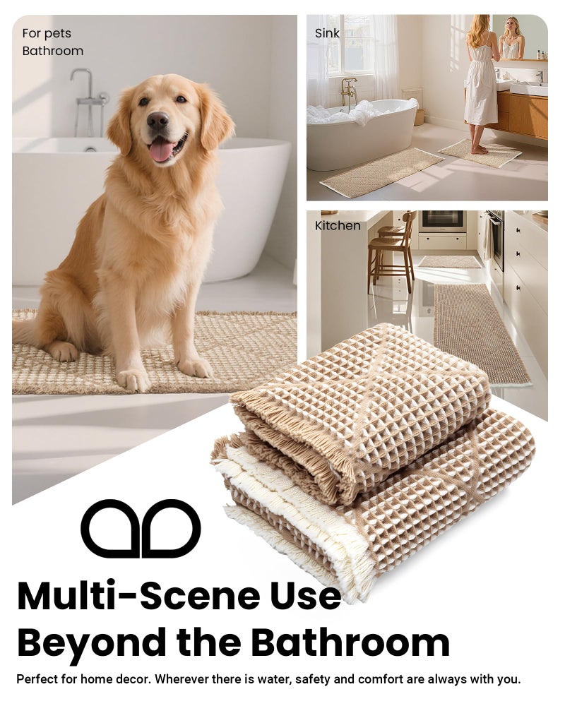 Furicher Waffle Bath Mat Set, Non Slip Bathroom Rugs Sets 2 Piece, Ultra Absorbent Long Bath Rug Runner for Bathroom Boho Chic Decor, Machine Washable Floor Mats, Brown & White, 20"Ã—47" Plus 18"Ã—30" - Image 2