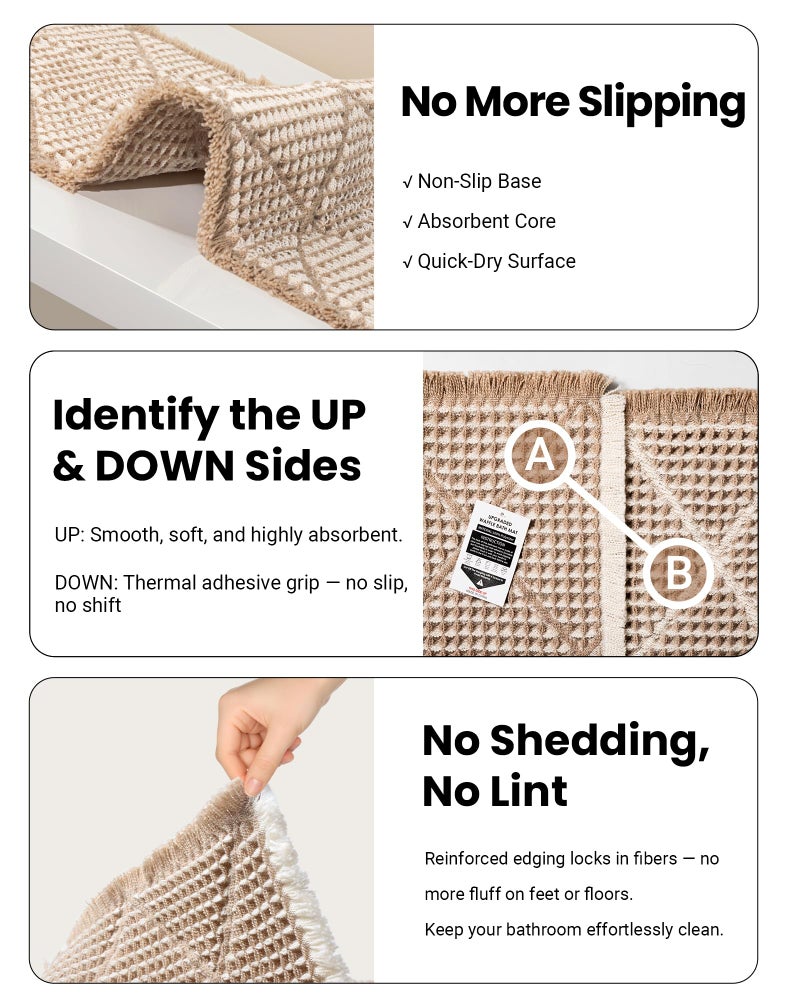 Furicher Waffle Bath Mat Set, Non Slip Bathroom Rugs Sets 2 Piece, Ultra Absorbent Long Bath Rug Runner for Bathroom Boho Chic Decor, Machine Washable Floor Mats, Brown & White, 20"Ã—47" Plus 18"Ã—30" - Image 3