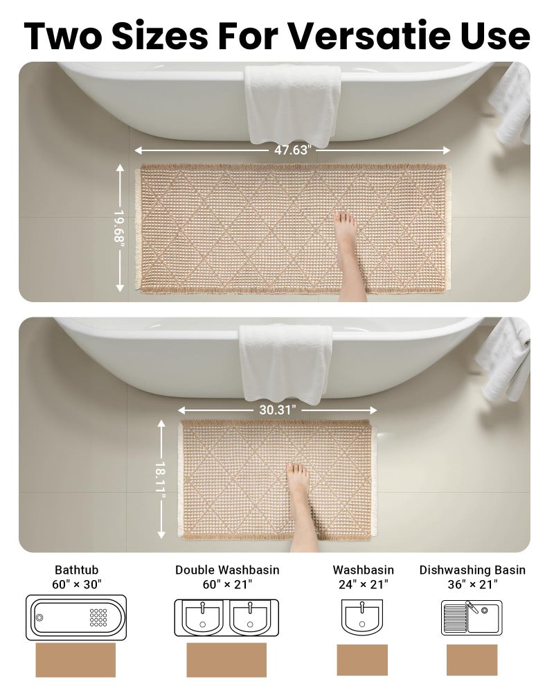 Furicher Waffle Bath Mat Set, Non Slip Bathroom Rugs Sets 2 Piece, Ultra Absorbent Long Bath Rug Runner for Bathroom Boho Chic Decor, Machine Washable Floor Mats, Brown & White, 20"Ã—47" Plus 18"Ã—30" - Image 4