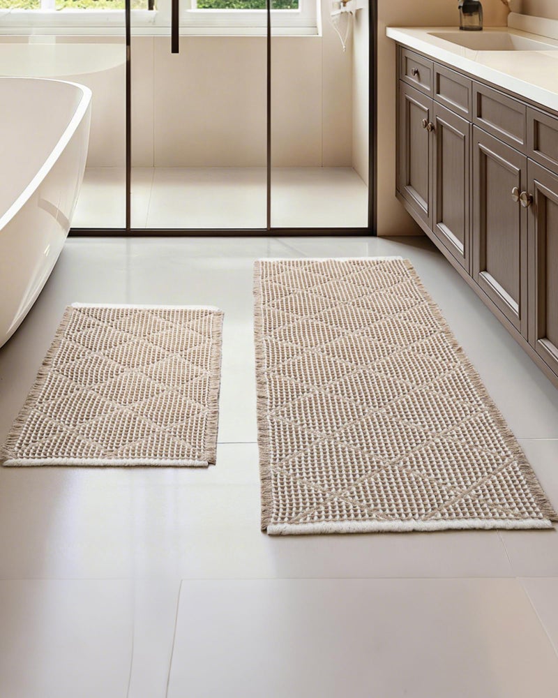 Furicher Waffle Bath Mat Set, Non Slip Bathroom Rugs Sets 2 Piece, Ultra Absorbent Long Bath Rug Runner for Bathroom Boho Chic Decor, Machine Washable Floor Mats, Brown & White, 20"Ã—47" Plus 18"Ã—30" - Image 1