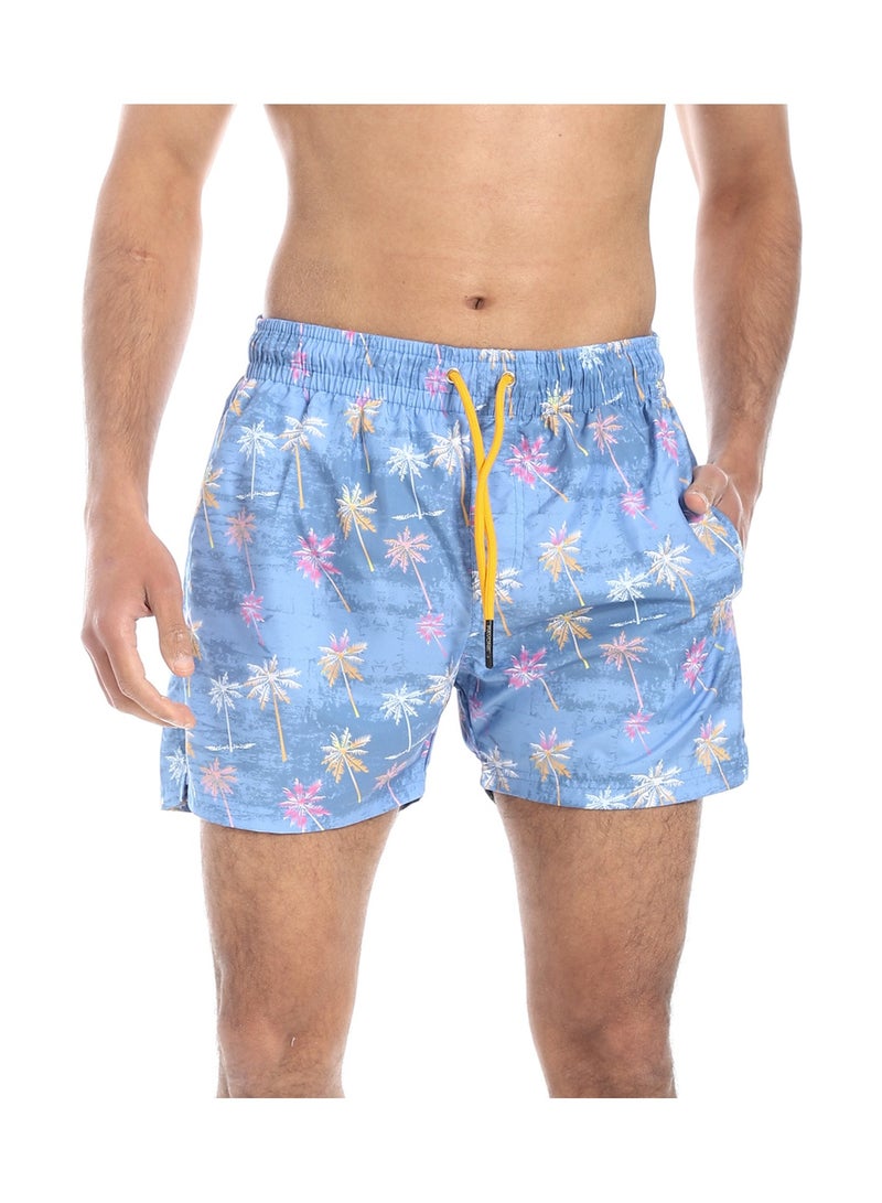Pavone Palm Trees Pattern Trendy Swim Shorts - Purplish Blue, Fuchsia and Yellow - Image 1