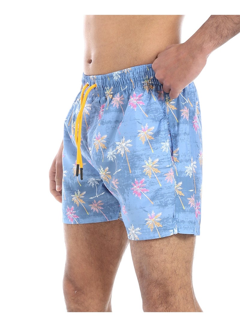Pavone Palm Trees Pattern Trendy Swim Shorts - Purplish Blue, Fuchsia and Yellow - Image 2