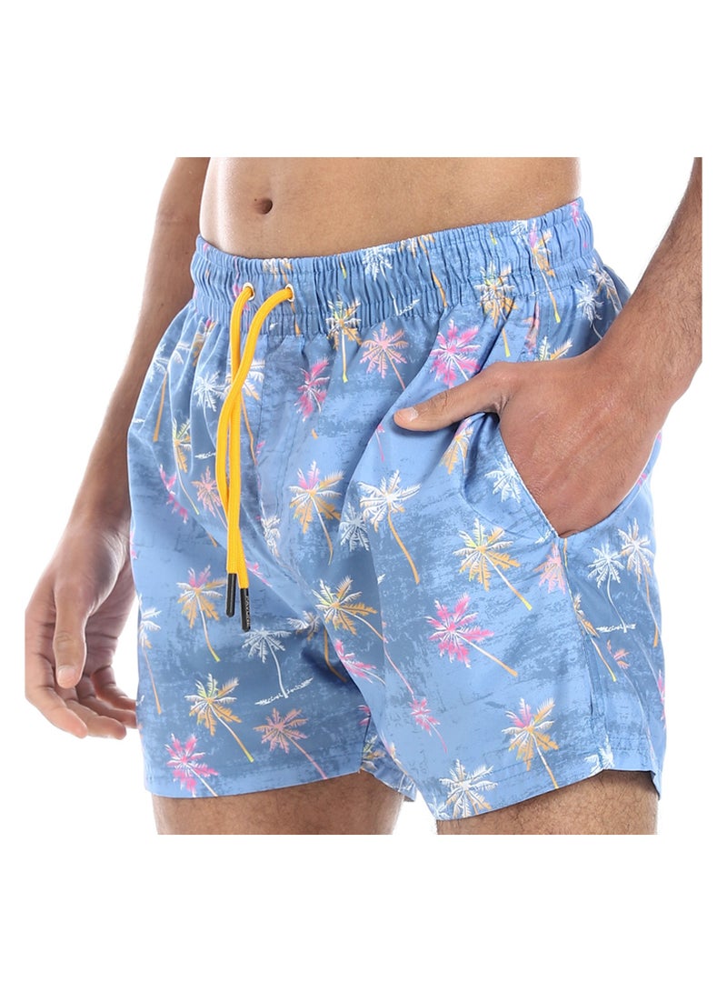 Pavone Palm Trees Pattern Trendy Swim Shorts - Purplish Blue, Fuchsia and Yellow - Image 4