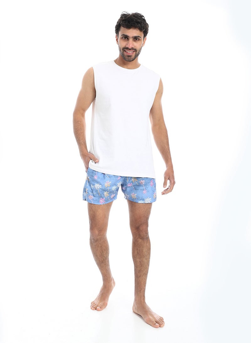 Pavone Palm Trees Pattern Trendy Swim Shorts - Purplish Blue, Fuchsia and Yellow - Image 5